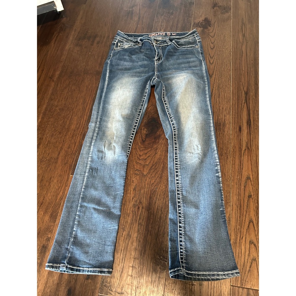 Rebel & Soul Womens Bootcut Jeans Size 12 Medium Wash Embellished Cross Pockets